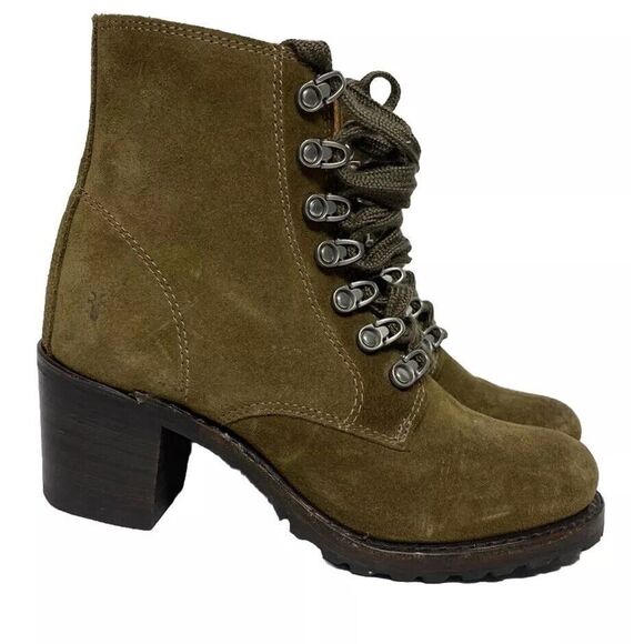 Frye Sabrina Lace‎ Up Ankle Wood Heeled Boots 6B Fatigue Green Olive Suede - Picture 1 of 11